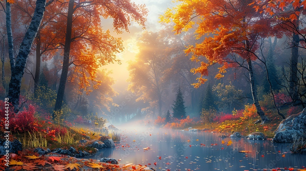 Nature Background, Autumn Forest with a Foggy Morning: A misty morning in an autumn forest, with the rising sun filtering through the fog and colorful leaves, creating a magical atmosphere.