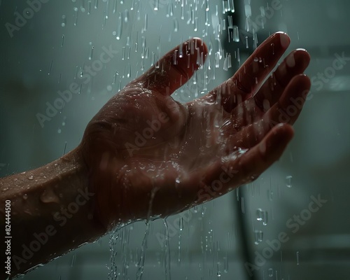 Closeup of a hand under warm water in a hotel shower, sleek fixtures, elegant bathroom decor, emphasis on relaxation and comfort, professional photograhy ,8k ,UHD photo