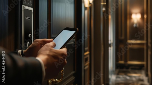 Closeup of a hand holding a smartphone near a digital door lock, elegant hotel corridor, modern and secure entry system, professional and welcoming service, professional photography ,8k ,UHD