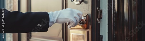 Closeup of doorman's hand in white glove pressing the doorbell, at hotel entrance in the background, high service standards, welcoming guests, professional photography ,8k ,UHD