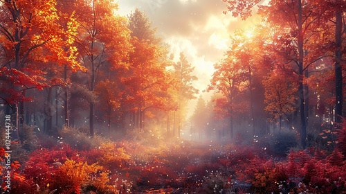 Nature Background, Autumn Forest with a Foggy Morning: A misty morning in an autumn forest, with the rising sun filtering through the fog and colorful leaves, creating a magical atmosphere. #824444738