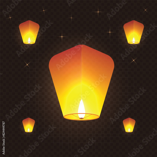 Floating bright orange festival sky lantern illustration on the night sky