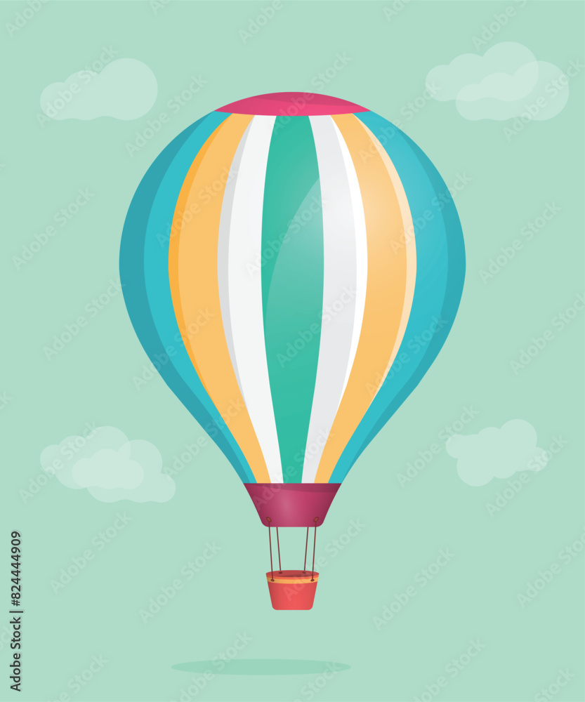 Fototapeta premium Minimalist colorful flying hot air balloon in the sky flat illustration