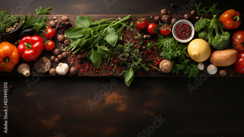 Fresh Vegetable on Rusty Wooden Surface With Free Copy space Top view on Blurry Dark Background