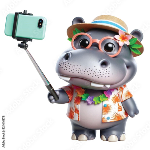 A cute hippo wearing a Hawaiian outfit and holding a selfie stick walking around taking pictures.