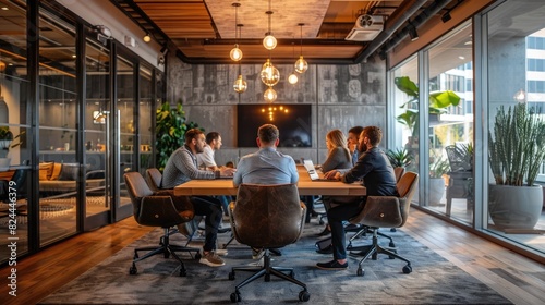   A group of people are sitting around a table in a conference room. They are all looking at the person at the head of the table  who is speaking. The room is decorated with plants and has a modern