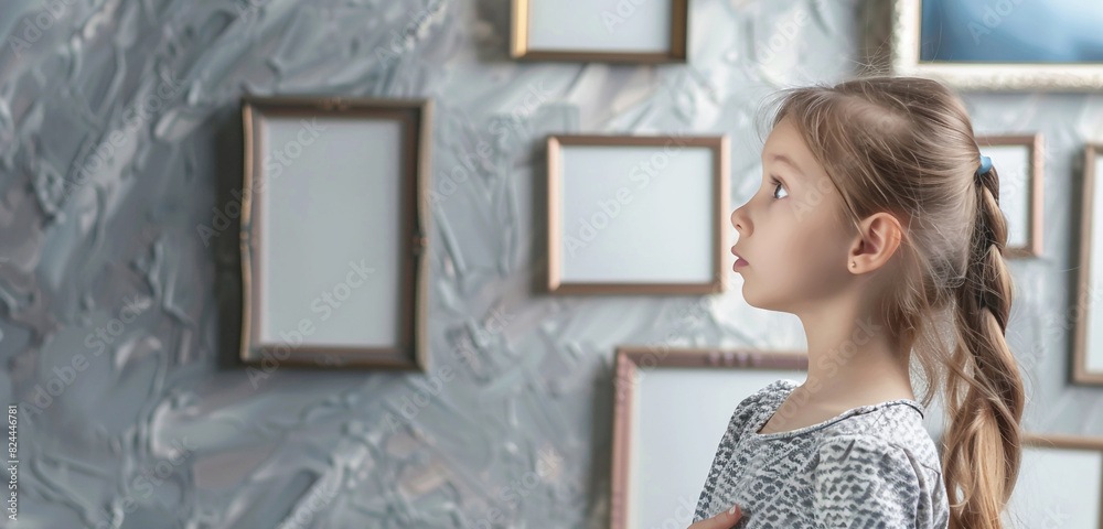 Young girl examining empty frames in a gallery with a soft gray wall Young girl examining empty frames in a gallery with a soft gray wall