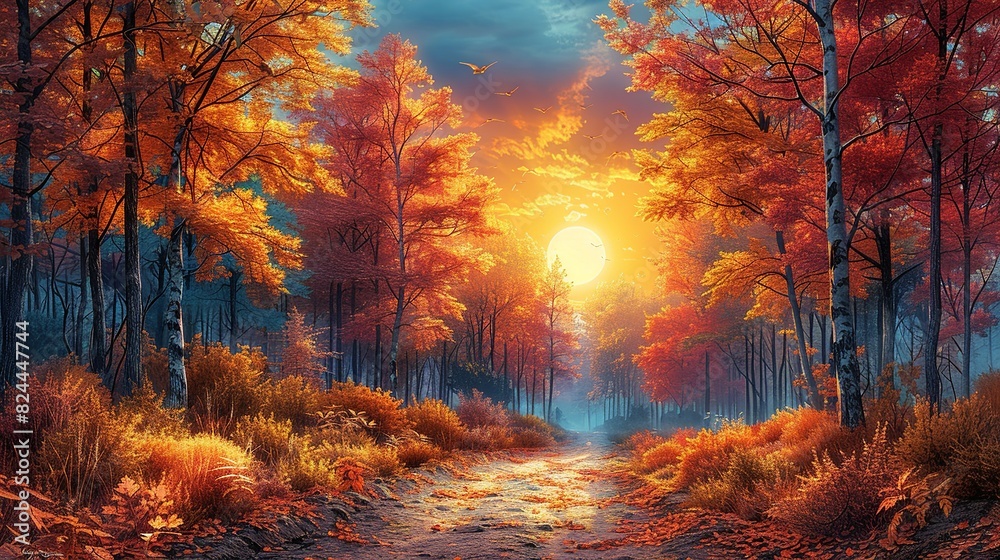 Nature Background, Autumn Path Through a Forest: A quiet path through an autumn forest, with the trees in vibrant colors and the sun setting in the background. Illustration image, Nature Background, Autumn Path Through a Forest: A quiet path through an autumn forest, with the trees in vibrant colors and the sun setting in the background. Illustration image,