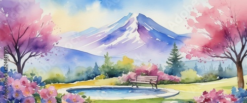 a watercolor painting of a bench in a park