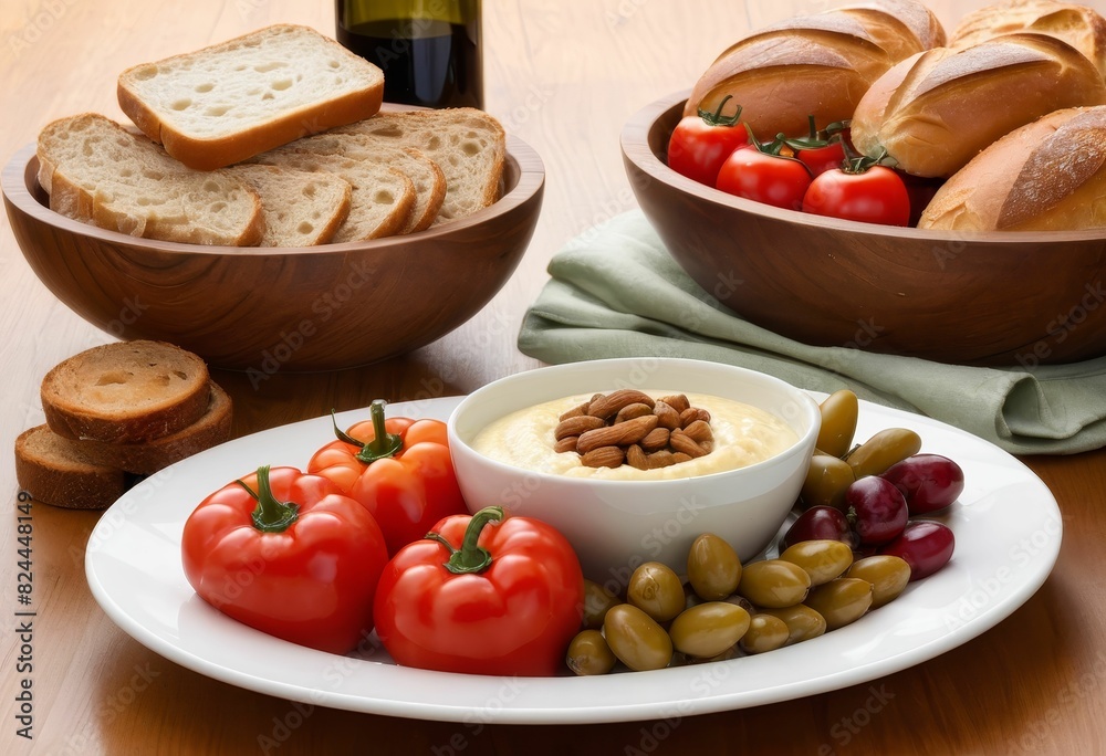 a bowl of hummus, bread, tomatoes, olives, and olives