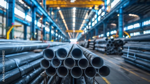 Industrial Warehouse with Steel Beams and Stacks of Metal Pipes of Various Sizes for Building Materials, Captured in a Wide-Angle, Photo-Realistic Style