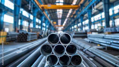 Industrial Warehouse with Steel Beams and Stacks of Metal Pipes of Various Sizes for Building Materials, Captured in a Wide-Angle, Photo-Realistic Style © nicole