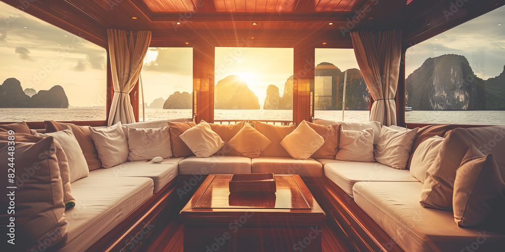 beautiful blurred background of an interior yacht with panoramic windows and sofas, generative AI beautiful blurred background of an interior yacht with panoramic windows and sofas, generative AI