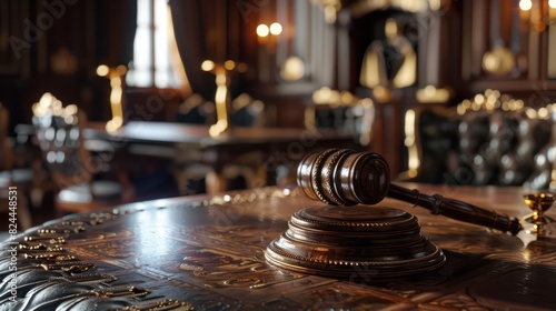 Detailed image of a wooden gavel on a desk within a courtroom setting, showcasing the symbol of law and justice © chusnul