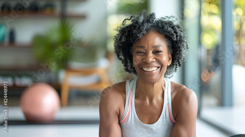 smiling happy doing at meditation african mature american black pilates active her and home adobe and stock gym photo fitness woman stock