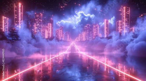 Futuristic neon cityscape with glowing buildings, lightning, and fog. A surreal blend of technology and nature in vibrant magenta hues.