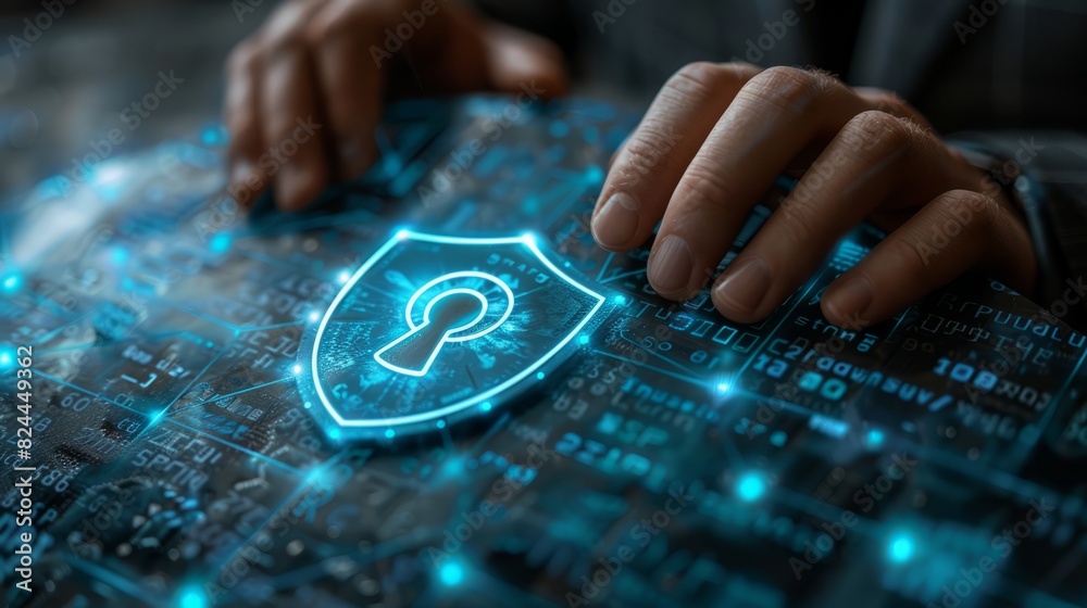Hands hover over a digital screen with a glowing blue lock symbol, representing data security and technology protection in cyberspace. Hands hover over a digital screen with a glowing blue lock symbol, representing data security and technology protection in cyberspace.