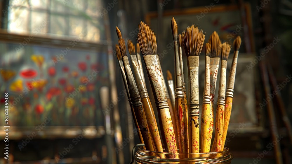 Fototapeta premium A 3D model of a set of artist's brushes in a jar, art studio backdrop, soft focus with large copy space above