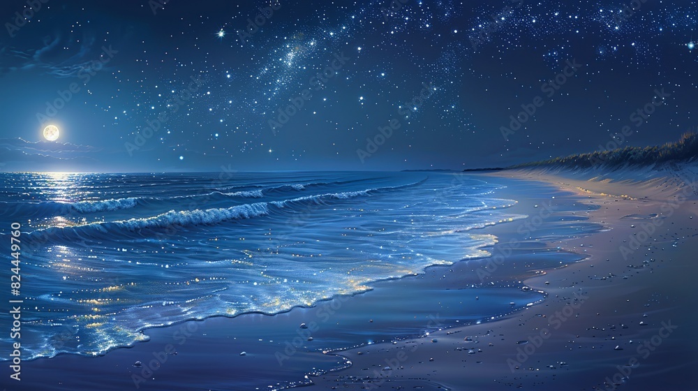 Nature Background, Moon and Stars Over a Quiet Beach: A peaceful beach at night, with the ocean waves shimmering under the moonlight and stars filling the sky. Illustration image, Nature Background, Moon and Stars Over a Quiet Beach: A peaceful beach at night, with the ocean waves shimmering under the moonlight and stars filling the sky. Illustration image,