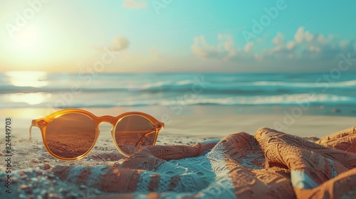 3D model of a pair of designer sunglasses on a beach towel, sunny beach backdrop, large copy space above