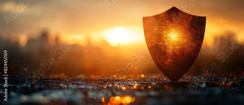 A glowing shield stands strong against the sunset, symbolizing protection and strength amidst the twilight landscape.