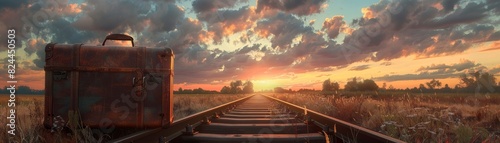 Vintage suitcase rests by train track under rural sunset, offering abundant space above for text