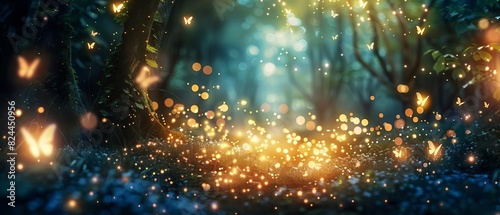 Enchanted forest with glowing fireflies and magical butterflies, creating a mystical and ethereal atmosphere in the twilight. photo