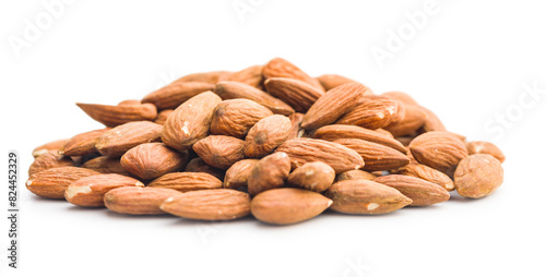 Peeled almond nuts isolated on white background.