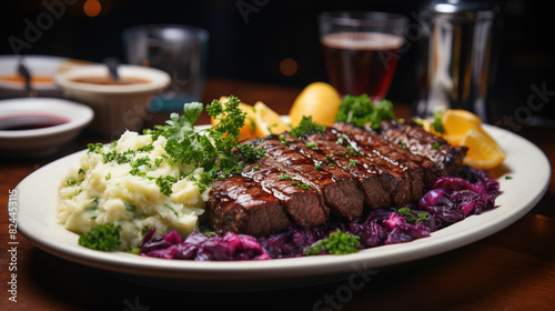 German Sauerbraten Marinated Beef Roast with A Spiced Gravy And Braised Red Cabbage on Blurry Background photo