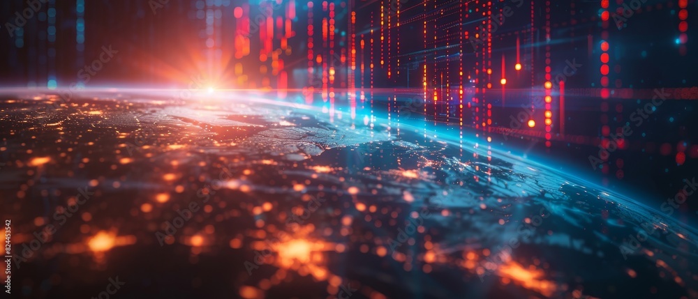 Obraz premium Abstract futuristic technology background with a glowing digital grid and earth view, representing global data exchange and networks.