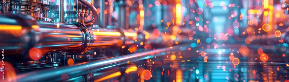 Abstract futuristic technology background with neon lights and metallic pipes creating a vibrant and energetic atmosphere. Abstract futuristic technology background with neon lights and metallic pipes creating a vibrant and energetic atmosphere.