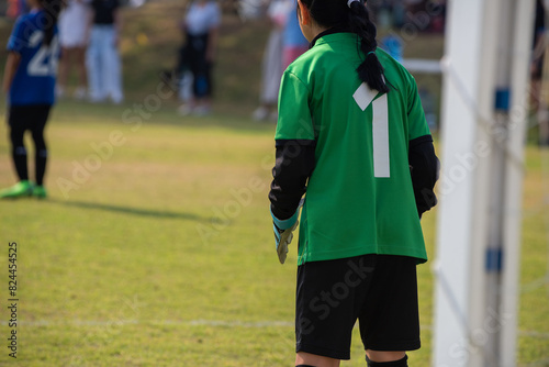 Young girl soccer goalkeeper looking at her team making an attack during the match. Youth U11 Soccer game on a sunny summer school tournament day. Football match going on in a background.	