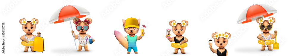 Obraz premium Funny cute dogs in swimming suit and sunglasses holding umbrella and beach ball
