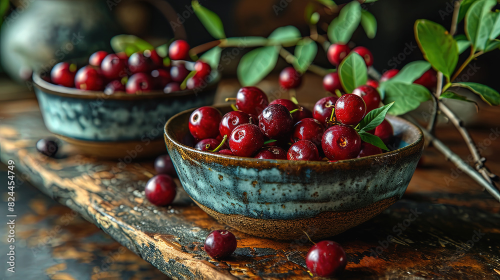 Vibrant Red Berries In A Traditional Ceramic Bowl Shine With on Blurry Wooden Background Vibrant Red Berries In A Traditional Ceramic Bowl Shine With on Blurry Wooden Background