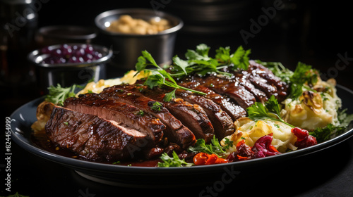 Delicious Marinated Beef Roast with A Spiced Gravy And Braised Red Cabbage on Blurry Background