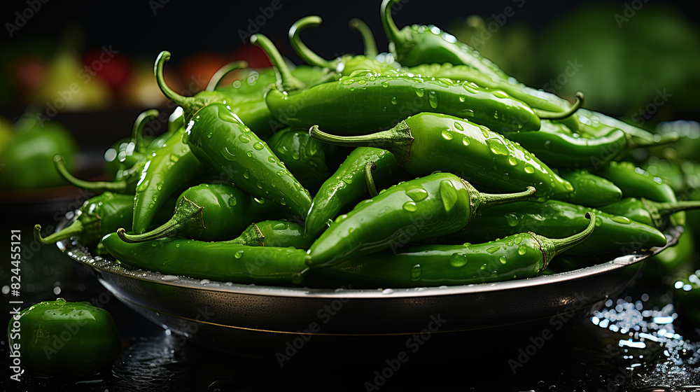 Fresh Green Chilies With Waterdrops in Bowl on Blurry Background Fresh Green Chilies With Waterdrops in Bowl on Blurry Background