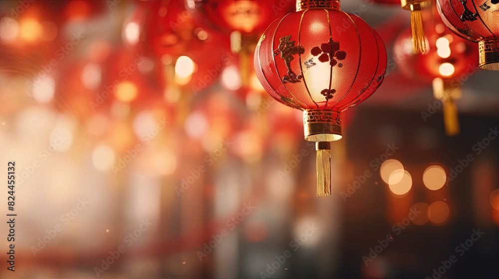 Contemporary Chinese New Year Red Lanterns Hanging Down in the style of Bokeh Panorama Traditional Modern Fusion Landscape On Blurry Background Contemporary Chinese New Year Red Lanterns Hanging Down in the style of Bokeh Panorama Traditional Modern Fusion Landscape On Blurry Background