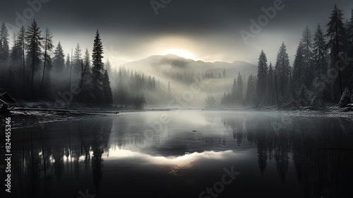 Minimalistic Wallpaper Of A Flowing River in Mid Foggy Forest and Snow Covered Trees Landscape Background