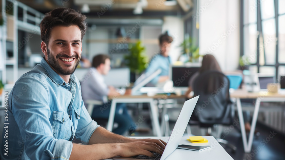 A smiling man sitting at a desk in a modern, open-plan office working on a laptop A smiling man sitting at a desk in a modern, open-plan office working on a laptop