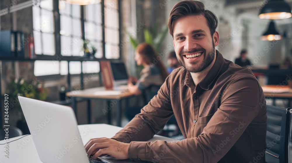 A smiling man sitting at a desk in a modern, open-plan office working on a laptop