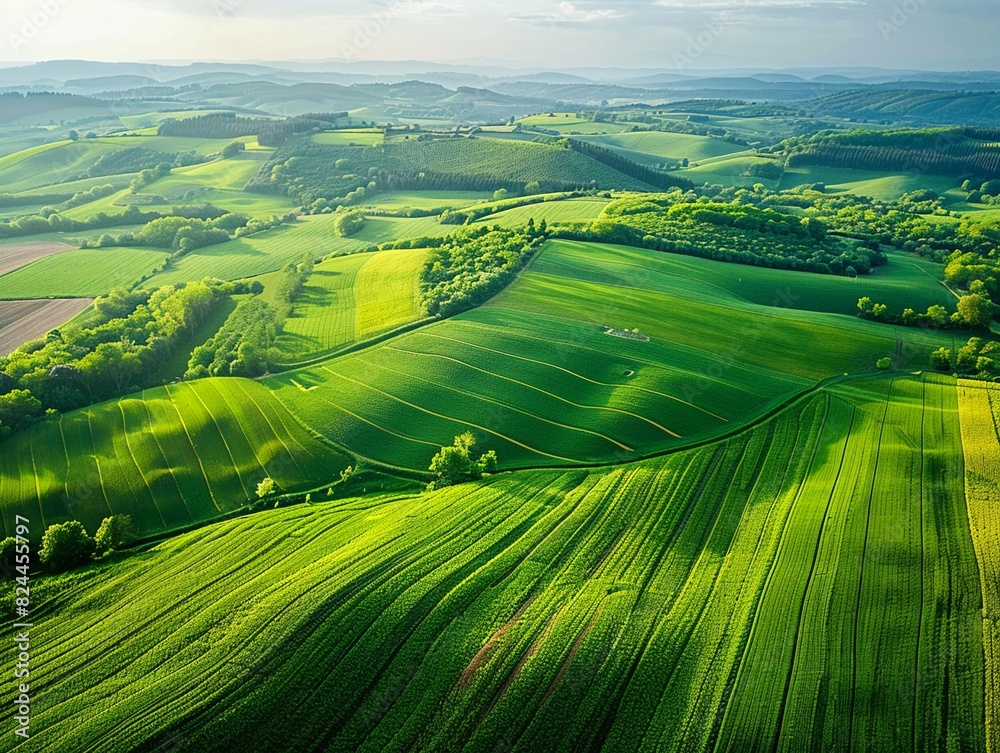 Fototapeta premium Aerial view of vibrant patchwork farmland, early morning light, slight haze , vibrant color