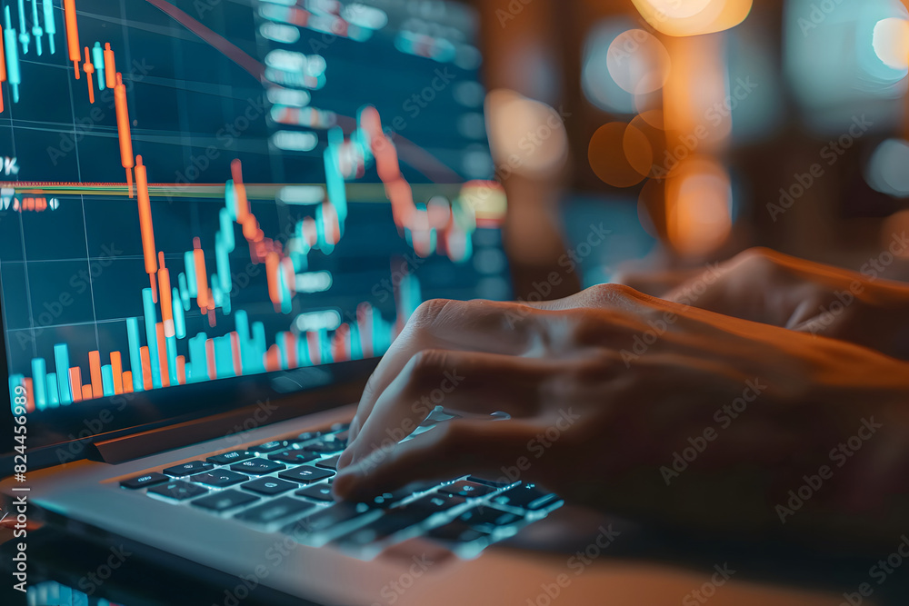 Fototapeta premium Close-up of hands typing on a laptop with stock market graphs on the screen, editorial office background, Magazine Photography Style