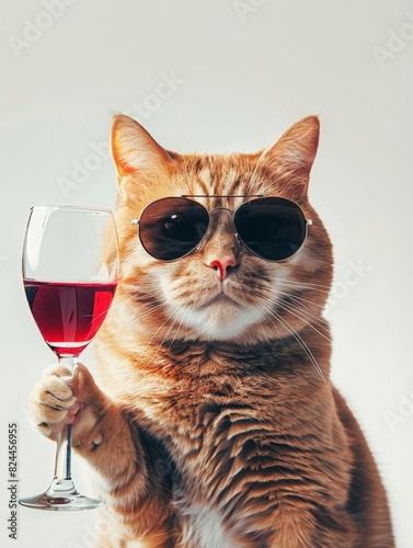 Stylish Cat Wearing Sunglasses and Holding a Glass of Red Wine