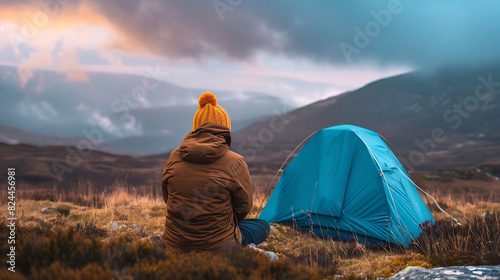 Solitary traveler sitting near blue tent against a dramatic mountainous sunset  serene solitude. Concept of hiking  travelling and camping.