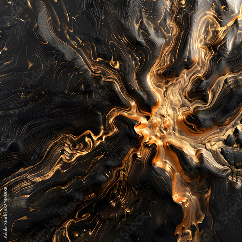 Closeup of an explosion pattern on the surface, with swirling golden lines against dark black wood grain. The intricate details and textures create a mesmerizing visual effect