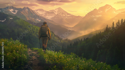 Solo Hiker on a Rugged Trail Surrounded by Lush Greenery and Majestic Mountains at Dusk, Embarking on a Journey of Discovery and Freedom