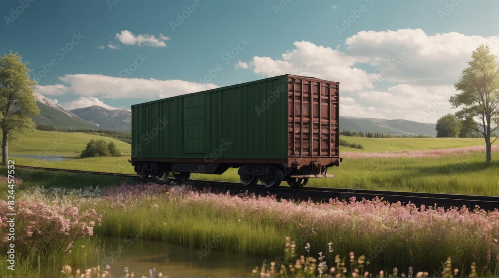 A freight car passing by a picturesque lake and green meadows with flowering fields. A freight car passing by a picturesque lake and green meadows with flowering fields.