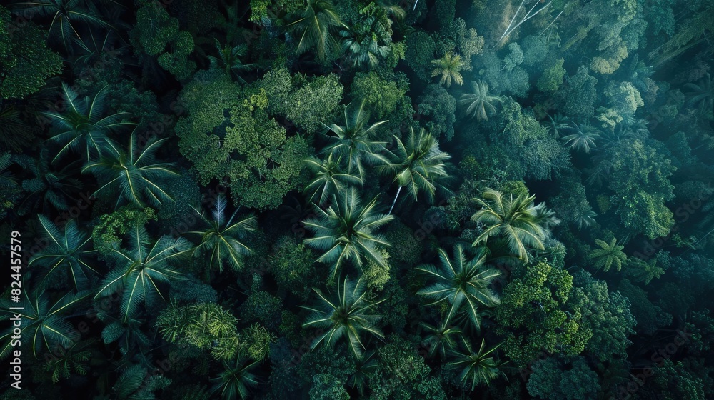 Aerial view of lush, green tropical rainforest. Dense foliage, towering trees, and vibrant greenery create a captivating natural landscape. Aerial view of lush, green tropical rainforest. Dense foliage, towering trees, and vibrant greenery create a captivating natural landscape.