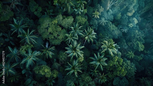 Aerial view of lush  green tropical rainforest. Dense foliage  towering trees  and vibrant greenery create a captivating natural landscape.