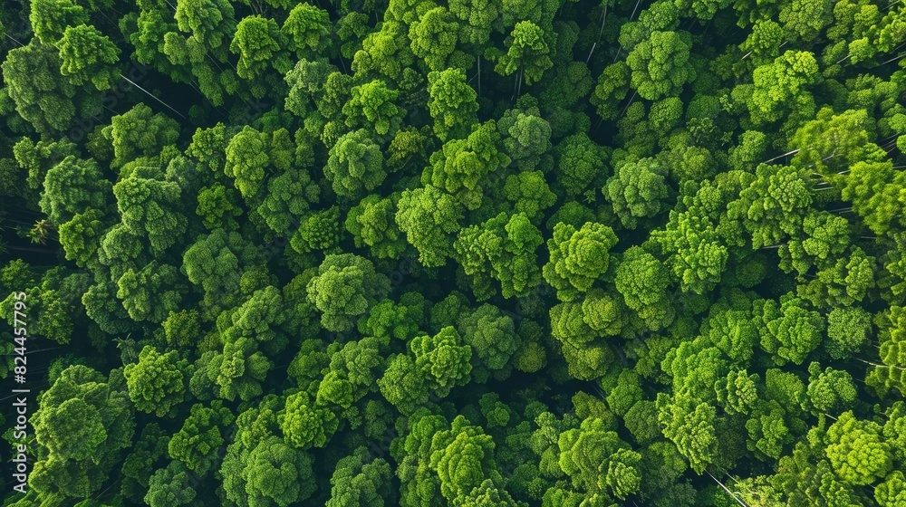 Aerial view of dense green forest with lush trees and vibrant foliage, showcasing the beauty of nature from above, perfect for eco-themed projects.